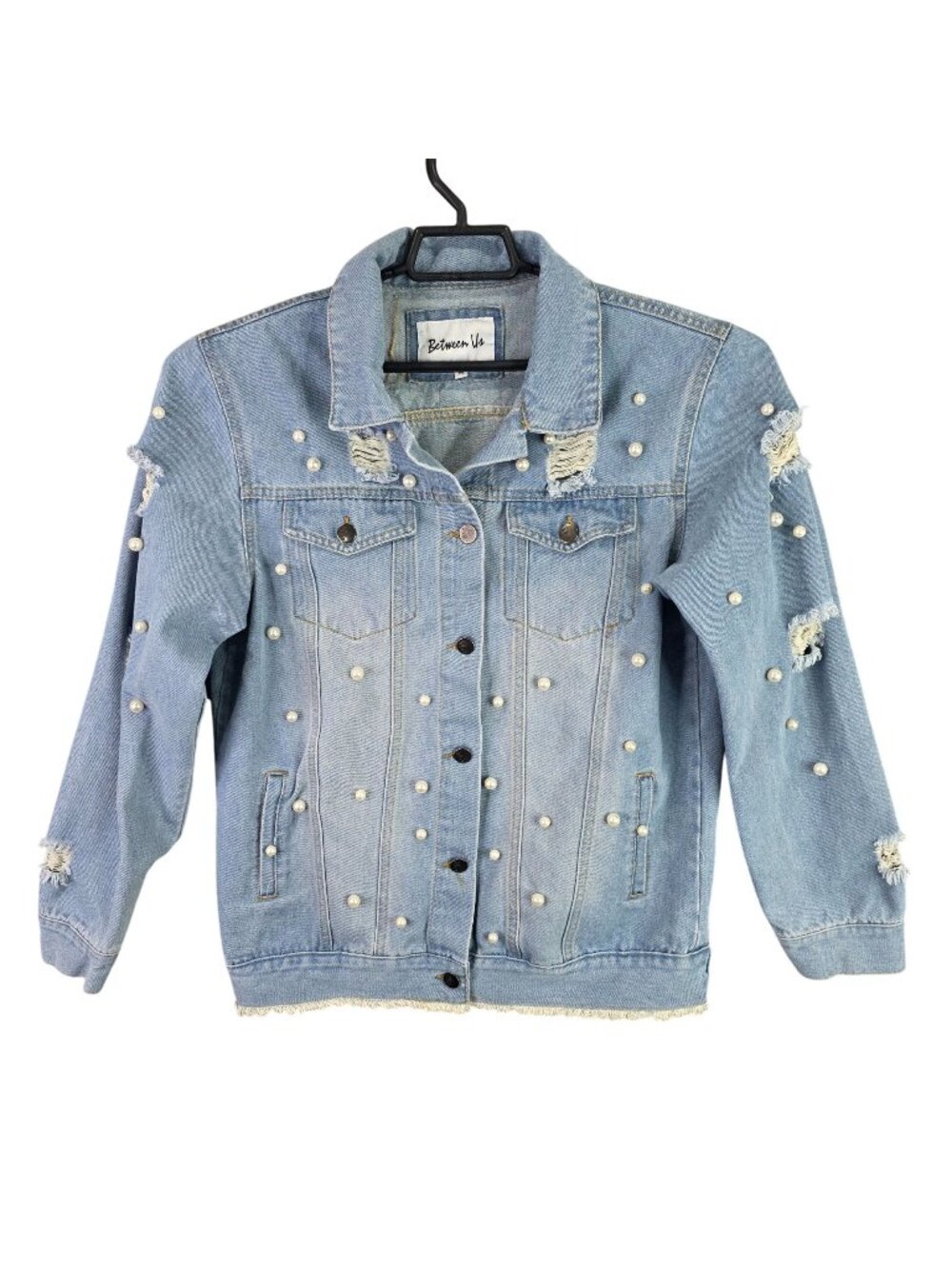 Womens Between Us Pearl Embellished Distressed Blue Denim Jacket 100% Cotton M